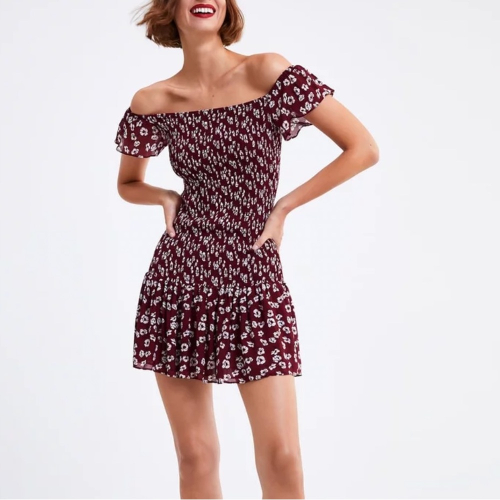 Zara Smocked Floral Print Dress